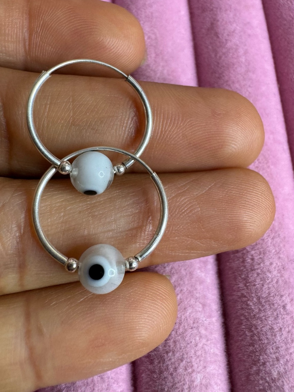 Sterling Hoop Earrings with White Eye Beads